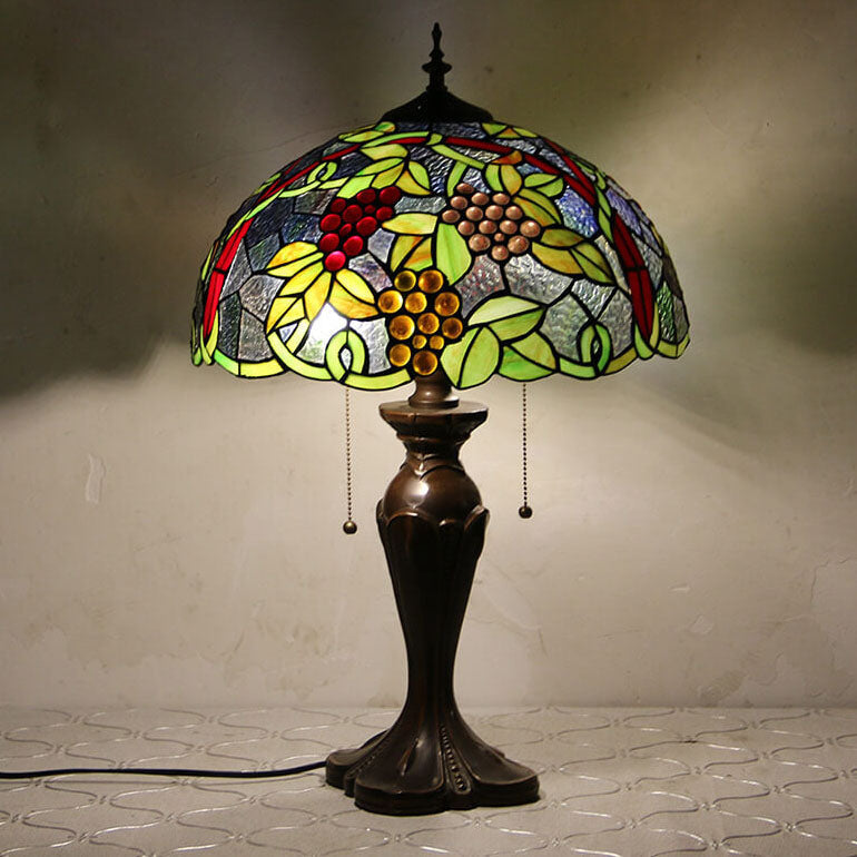 Tiffany European Retro Flowers Stained Glass Pull Cord 1-Light Table Lamp