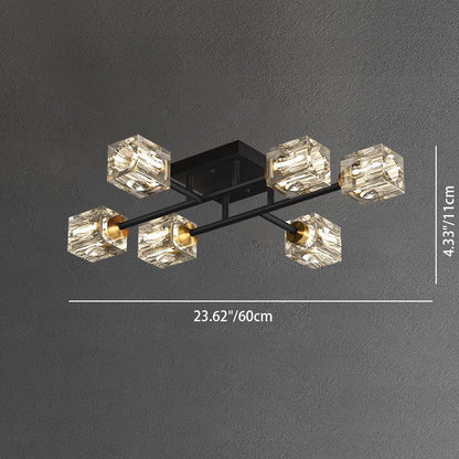 Contemporary Luxury Branch Rectangle Full Copper Crystal 4/6/8 Light Semi-Flush Mount Ceiling Light For Living Room
