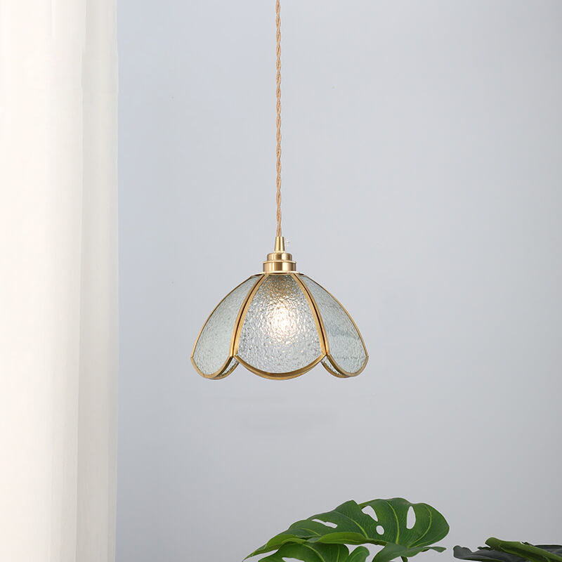Japanese Vintage Brass Stained Glass Cone 1-Light Pendant Light