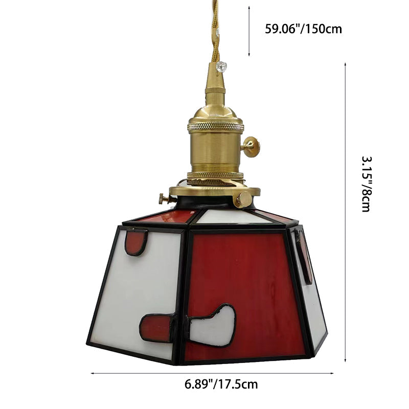 Traditional Vintage Brass Glass Cylinder Quadripartite Horn Lattice 1-Light Pendant Light For Dining Room