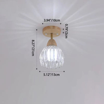 Traditional Japanese Rubber Wood Glass Flower 1-Light Semi-Flush Mount Ceiling Light For Hallway