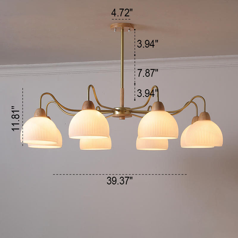 Nordic Japanese Glass Round Wood 3/6/8 Light Chandelier