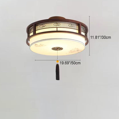 Traditional Chinese Solid Wooden Fabric Lantern Shade 1/3-Light Chandelier For Living Room