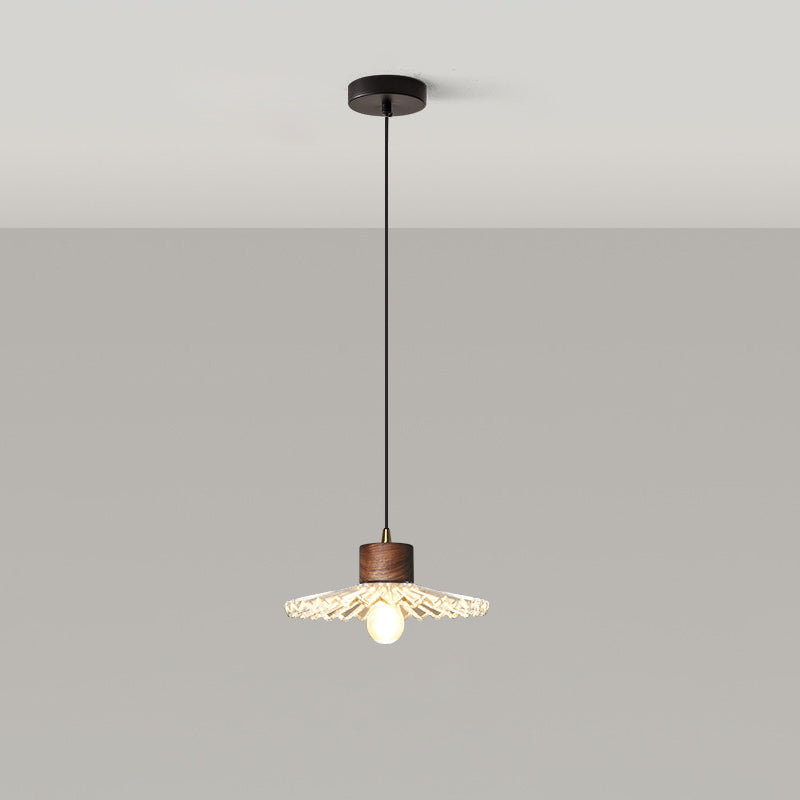 Traditional Chinese Iron Walnut Glass Conic Umbrella-Shaped 1-Light Pendant Light For Dining Room