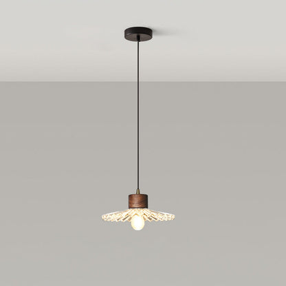 Traditional Chinese Iron Walnut Glass Conic Umbrella-Shaped 1-Light Pendant Light For Dining Room