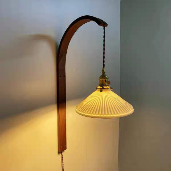 Traditional Japanese Round Ceramic Glass Shade Wood Curved Pole 1-Light Wall Sconce Lamp For Living Room
