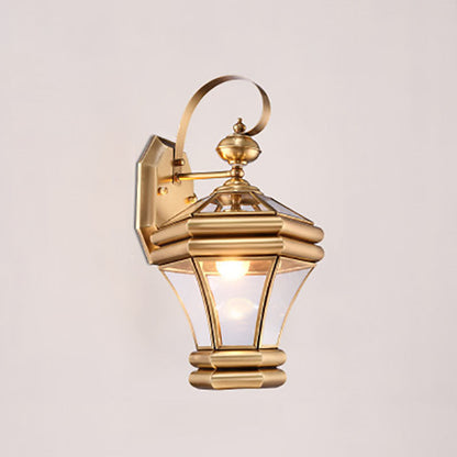 European Modern Luxury Hexagonal Lantern Brass Glass Waterproof 1-Light Outdoor Wall Sconce Lamp