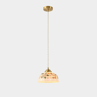 Traditional Japanese Brass Stained Glass Half Round Shell Design 1-Light Pendant Light For Bedroom