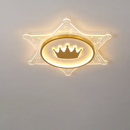 Modern Art Deco Crown Round Pentagon Acrylic Iron LED Flush Mount Ceiling Light For Living Room
