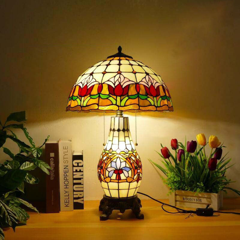Traditional Tiffany Baroque Umbrella Resin Stained Glass 3-Light Table Lamp For Bedroom