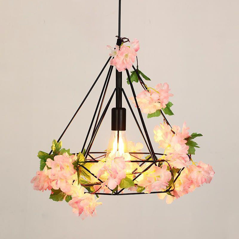 Contemporary Retro Iron Hemp Rope Simulated Greenery Diamond Sakura Leaf 1-Light Pendant Light For Dining Room