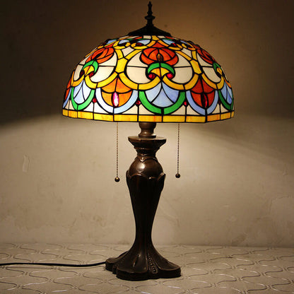 Tiffany European Retro Flowers Stained Glass Pull Cord 1-Light Table Lamp