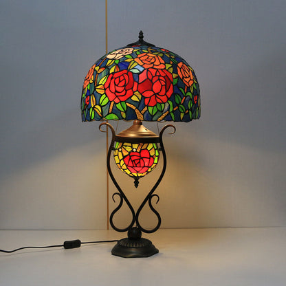 Tiffany European Vintage Floral Stained Glass Round Pot 3-Light Table Lamp