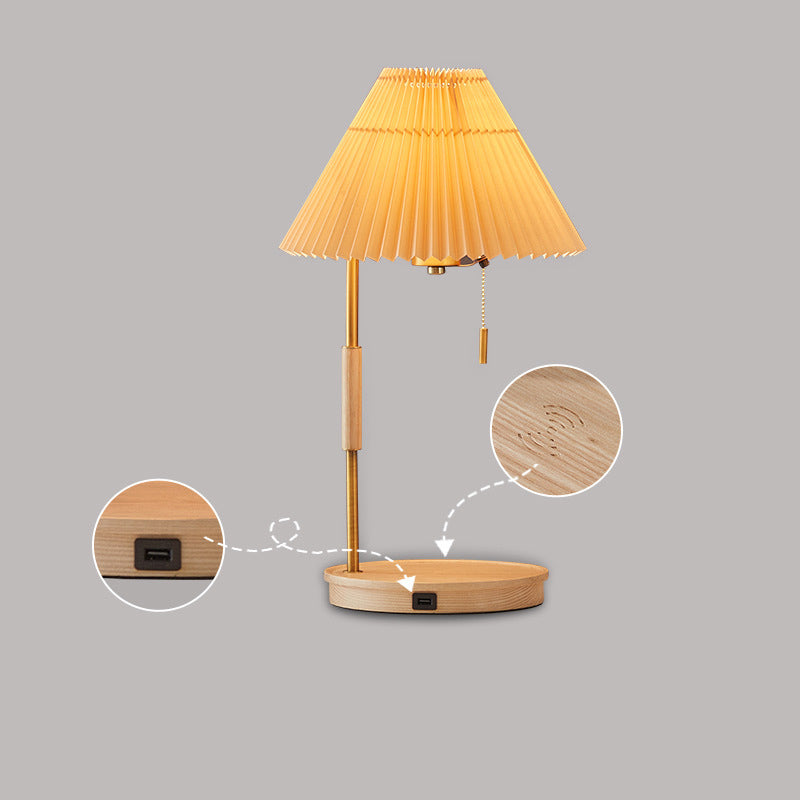 Modern Pleated Shade Walnut Wood Round Base 1-Light Table Lamp