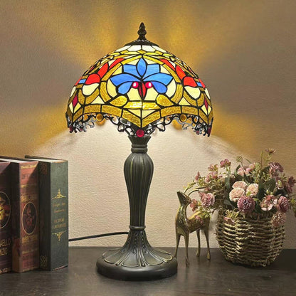 Traditional Tiffany Metal Glass Dome Grape Flower Dragonfly Butterfly 1-Light Table Lamp For Bedside