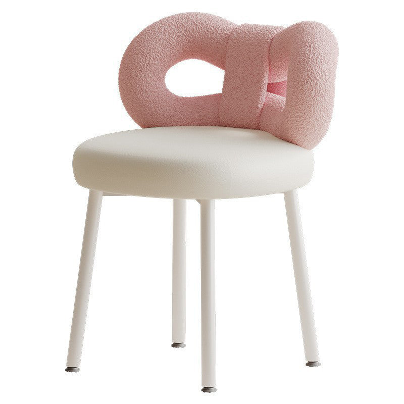 Modern Art Deco Butterfly Knot Round Lambswool Faux Leather Metal Vanity Stool Backrest Armless For Bedroom