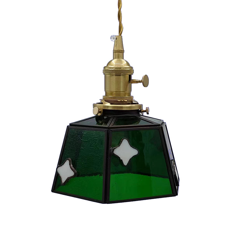 Traditional Vintage Brass Glass Cylinder Quadripartite Horn Lattice 1-Light Pendant Light For Dining Room