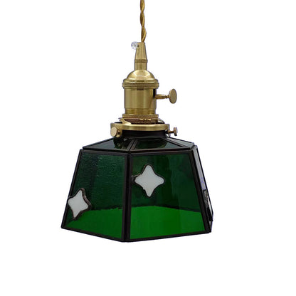 Traditional Vintage Brass Glass Cylinder Quadripartite Horn Lattice 1-Light Pendant Light For Dining Room
