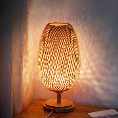 Chinese Minimalist Bamboo Weaving Oval Round 1-Light Table Lamp