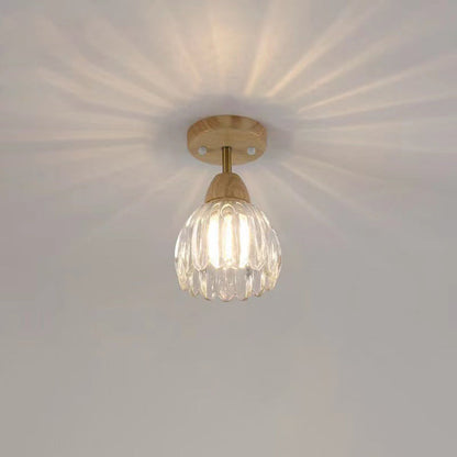 Traditional Japanese Rubber Wood Glass Flower 1-Light Semi-Flush Mount Ceiling Light For Hallway