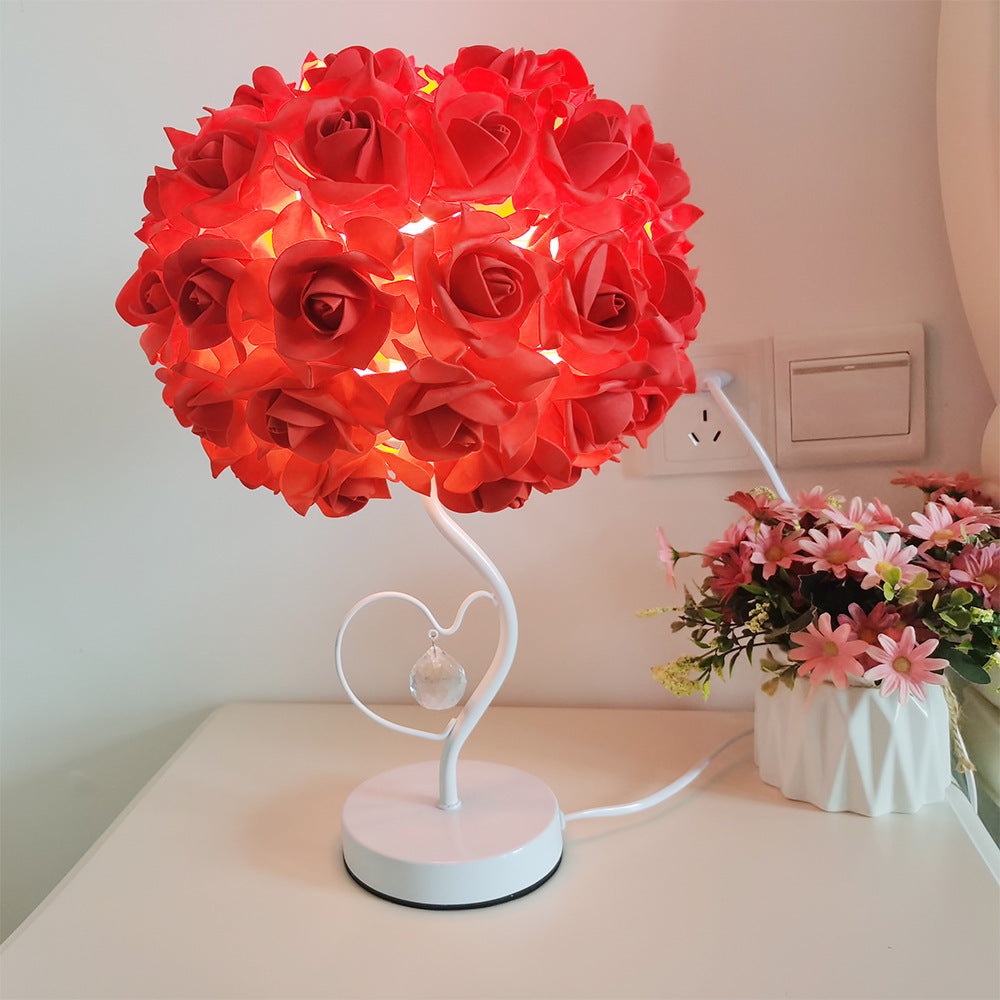 Modern Art Deco Fabric Rose Flower Hardware Base 1-Light Table Lamp For Bedroom