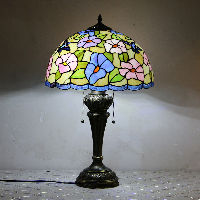 Traditional Tiffany Resin Glass Dome Hemispheric Flower 2-Light Table Lamp For Bedside