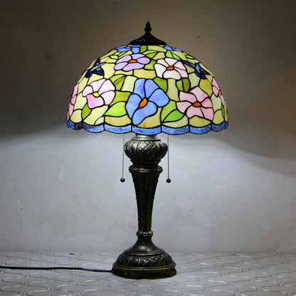Traditional Tiffany Resin Glass Dome Hemispheric Flower 2-Light Table Lamp For Bedside