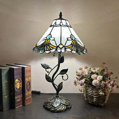 Traditional Tiffany Resin Glass Dome Conic Flower Leaf 1-Light Table Lamp For Bedside