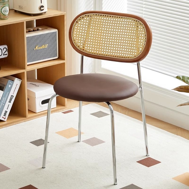 Contemporary Vintage Round Rectangular Solid Wood Metal Genuine Leather Dining Chair Backrest For Dining Room