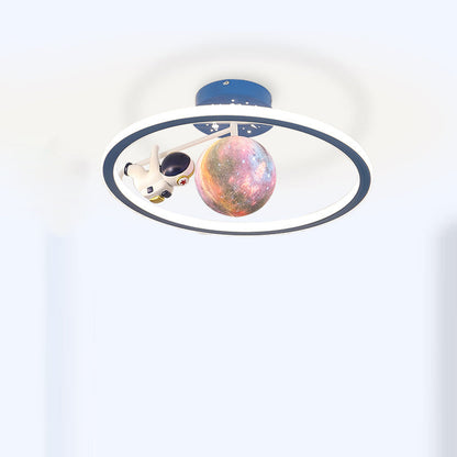 Contemporary Creative Kids Round Planet Unicorn Iron Resin LED Semi-Flush Mount Ceiling Light For Bedroom