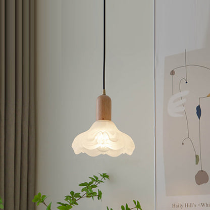 Traditional Japanese Wood Brass Glass Hemispheroid Flower 1-Light Pendant Light For Dining Room