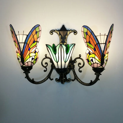 Traditional Tiffany European Butterfly Stained Glass 3-Light Wall Sconce Lamp For Hallway
