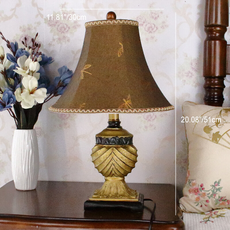Traditional European Orb Stripe Carved Base Resin Fabric 1-Light Table Lamp For Bedroom