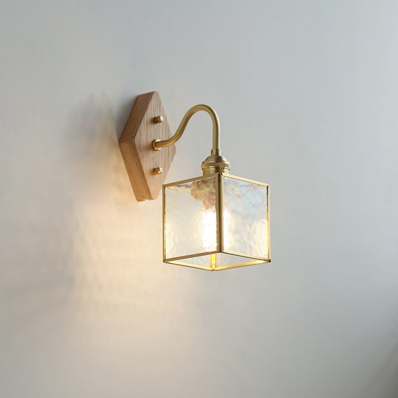Traditional Vintage Square Copper Glass Wood 1-Light Wall Sconce Lamp For Bedroom
