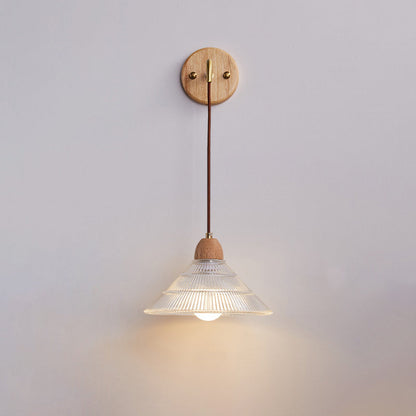 Contemporary Retro Cylinder Petal Cone Solid Wood Glass 1-Light Wall Sconce Lamp For Bedroom
