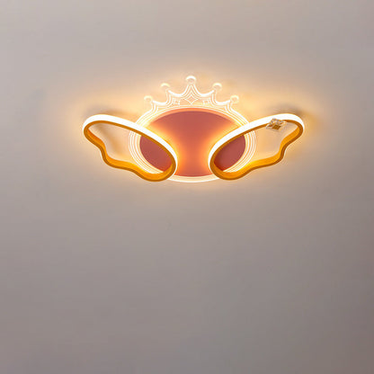 Modern Art Deco Butterfly Crown Round Acrylic Iron LED Flush Mount Ceiling Light For Bedroom