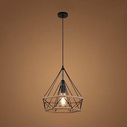 Contemporary Retro Iron Hemp Rope Simulated Greenery Diamond Sakura Leaf 1-Light Pendant Light For Dining Room