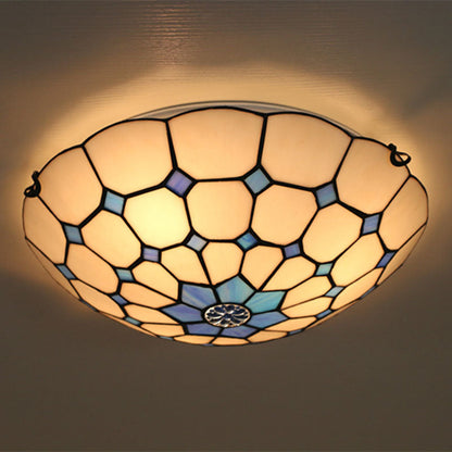 Traditional Tiffany Mediterranean Round Stained Glass 3-Light Flush Mount Ceiling Light For Living Room