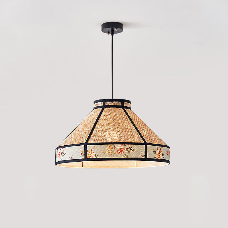 Contemporary Vintage Round Cone Raffia Hardware 1-Light Pendant Light For Living Room