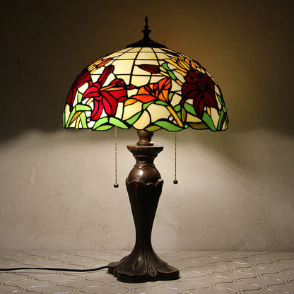 Tiffany European Retro Flowers Stained Glass Pull Cord 1-Light Table Lamp