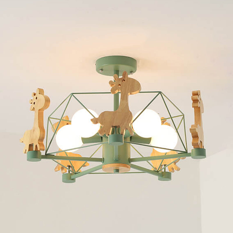 Scandinavian Modern Childlike Giraffe Diamond Pentagram Windmill Iron Wood Glass 4/5 Light Semi-Flush Mount Ceiling Light