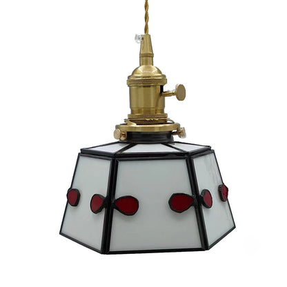 Traditional Vintage Brass Glass Cylinder Quadripartite Horn Lattice 1-Light Pendant Light For Dining Room