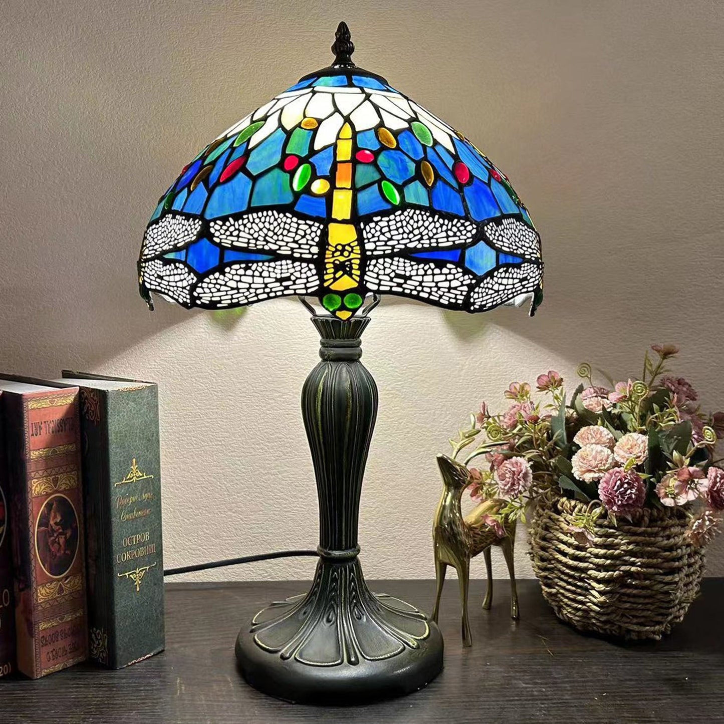 Traditional Tiffany Metal Glass Dome Grape Flower Dragonfly Butterfly 1-Light Table Lamp For Bedside