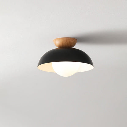 Modern Minimalist Round Bowl Wood Iron 1-Light Semi-Flush Mount Ceiling Light For Bedroom