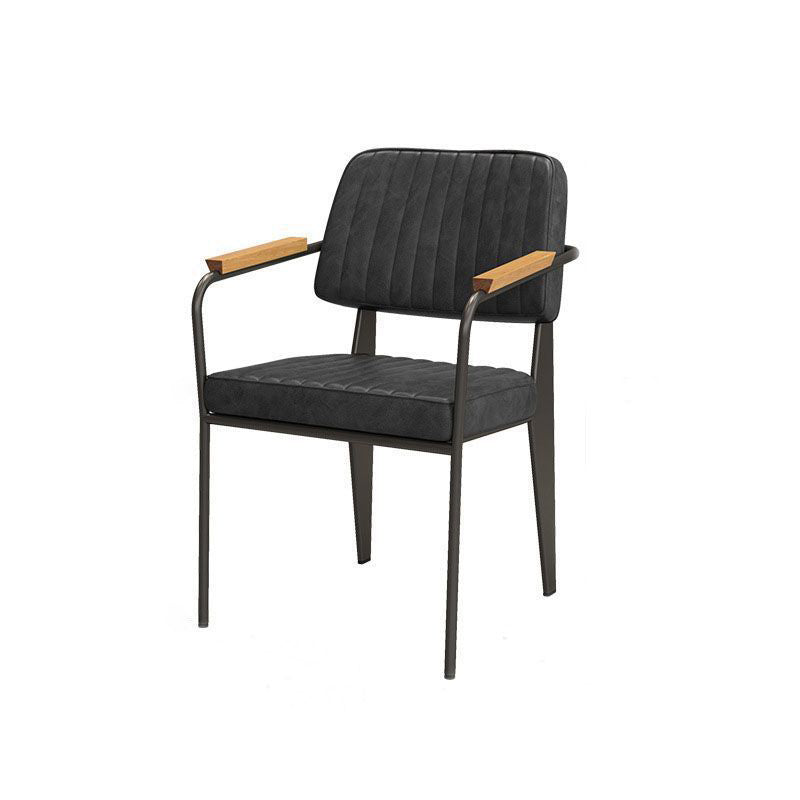 Contemporary Industrial Oil wax Leather Metal Sponge Wood Square Vertical Stripe Dining Chair Backrest Armrest For Dining Room
