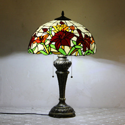 Traditional Tiffany Resin Glass Dome Hemispheric Flower 2-Light Table Lamp For Bedside