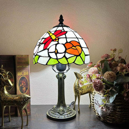 Traditional Tiffany Alloy Glass Dome Flower 1-Light Table Lamp For Bedside