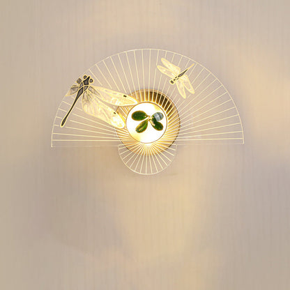 Contemporary Creative Fan-Shaped Acrylic Sunflower Dragonfly Decor LED Wall Sconce Lamp For Living Room