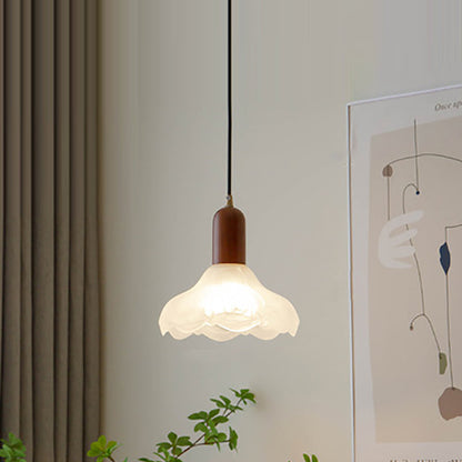 Traditional Japanese Wood Brass Glass Hemispheroid Flower 1-Light Pendant Light For Dining Room