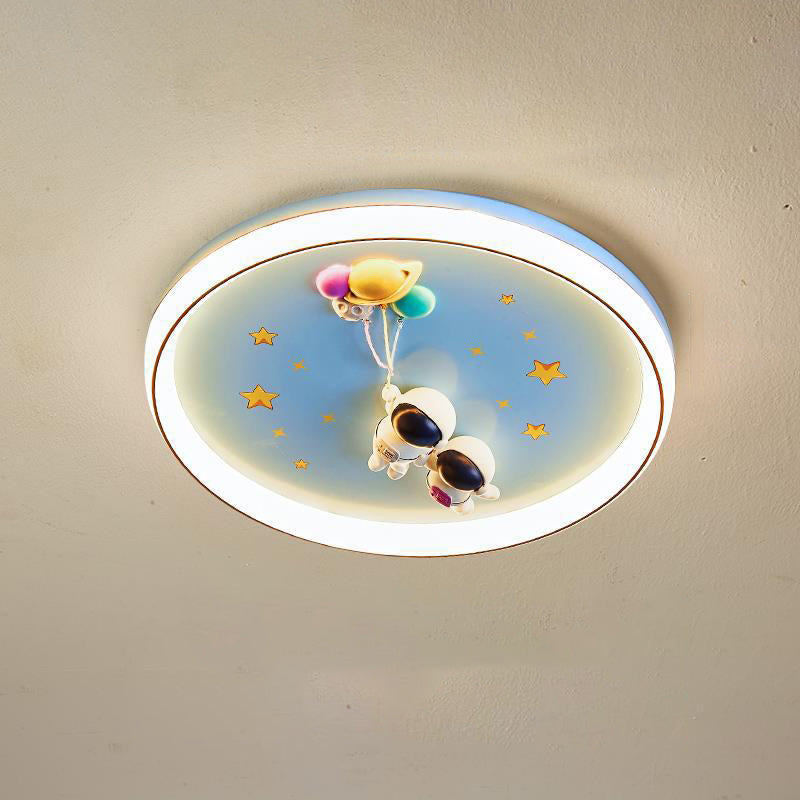 Contemporary Creative Cartoon Planet Resin Astronaut Acrylic Round Shade LED Kids Flush Mount Ceiling Light For Bedroom